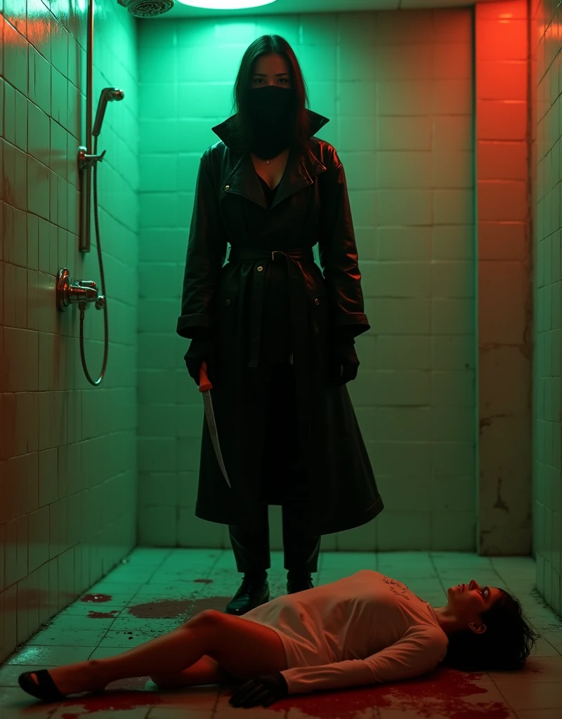 1 woman, (behind dead body, holding knife), stabbing, surgical mask, black leather gloves, bathroom, black raincoat, hood up, holding knife, leather gloves, woman on ground, behind dead body, looking at viewer, blood splatter, night, mass murderer, killer, short hair, blood splatter, tripod and camera on back, shooting with camera