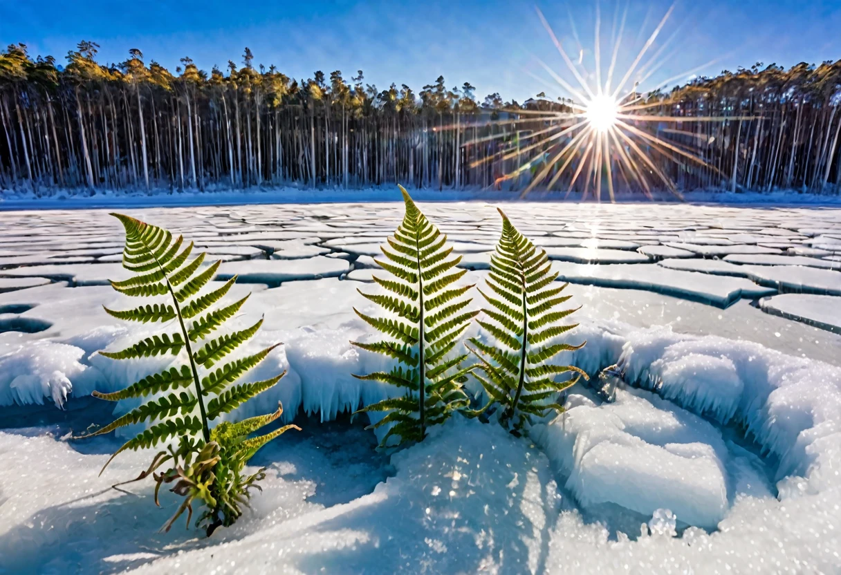 A prehistoric fern forest encased in a thin sheet of ice, snow on the ground knee deep, clear sky bright sun, sparkles and refractions in the ice