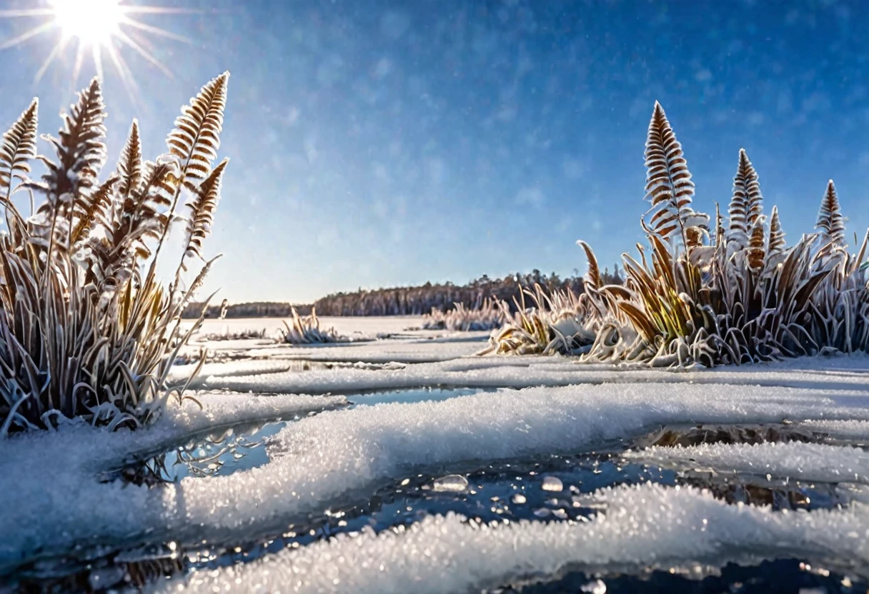 A prehistoric fern forest encased in a thin sheet of ice, snow on the ground knee deep, clear sky bright sun, sparkles and refractions in the ice