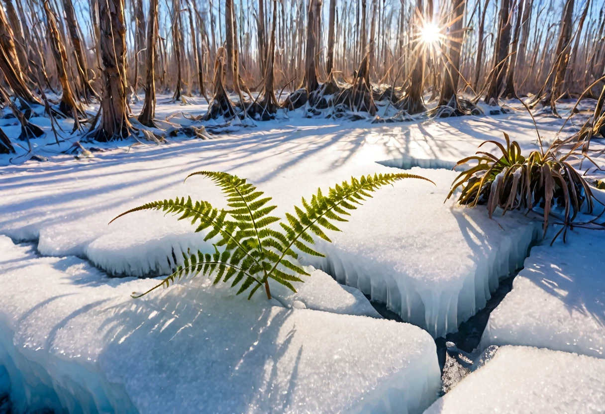 A prehistoric fern forest encased in a thin sheet of ice, snow on the ground knee deep, clear sky bright sun, sparkles and refractions in the ice
