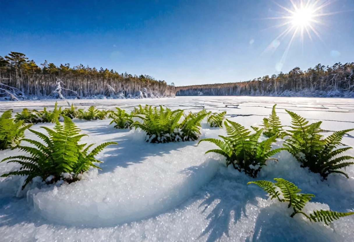 A prehistoric fern forest encased in a thin sheet of ice, snow on the ground knee deep, clear sky bright sun, sparkles and refractions in the ice
