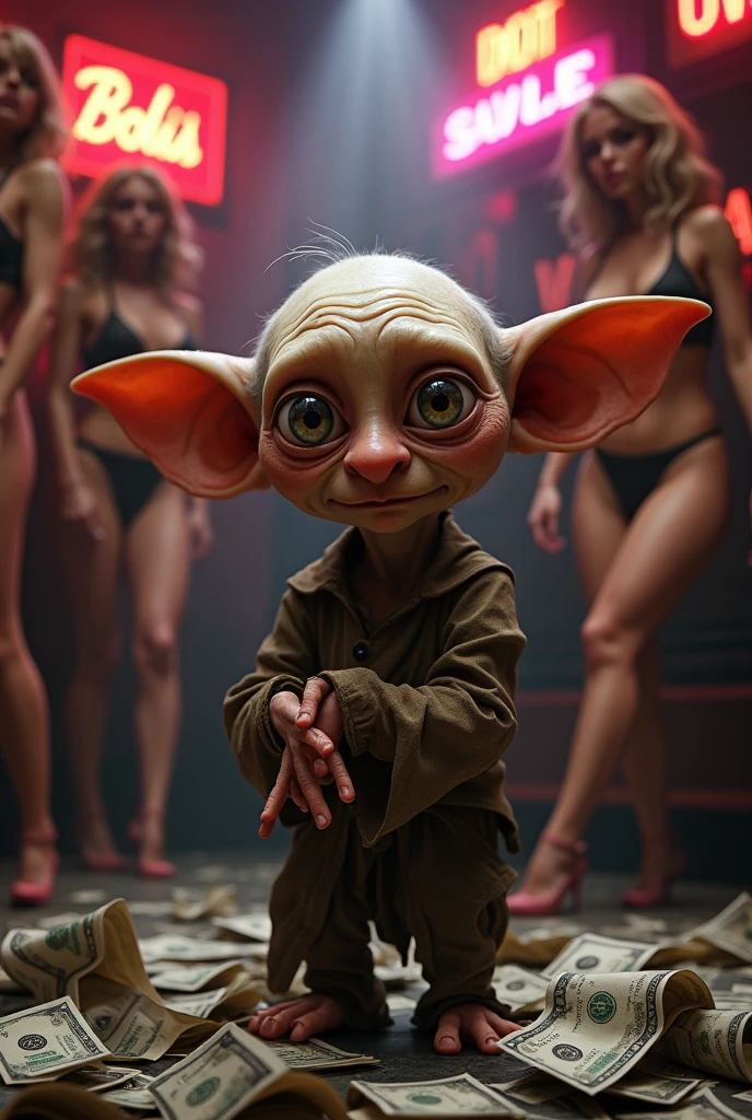 Dobby from the Harry Potter saga in a strip bar with women and money
