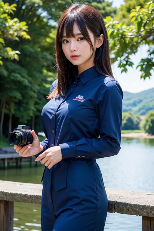 ((best quality)), ((masterpiece)), (detailed), 1girl, sexly、bangs、lake、cameraマン、camera、Best、Work clothes