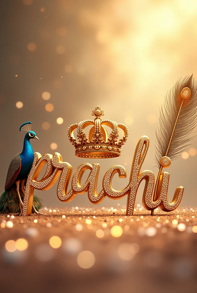 "Prachi" written in large, ornate gold letters encrusted with diamonds. Above the text, there is a gold crown adorned with pearls, adding to the luxurious feel of the design. To the right of the crown, a large feather, likely a quill, extends elegantly, further enhancing the regal theme. The background is a soft gradient, creating a warm and glowing effect that highlights the gold and diamond details.with small colorful peacock at side of name The overall aesthetic is one of luxury, royalty, and sophistication.
