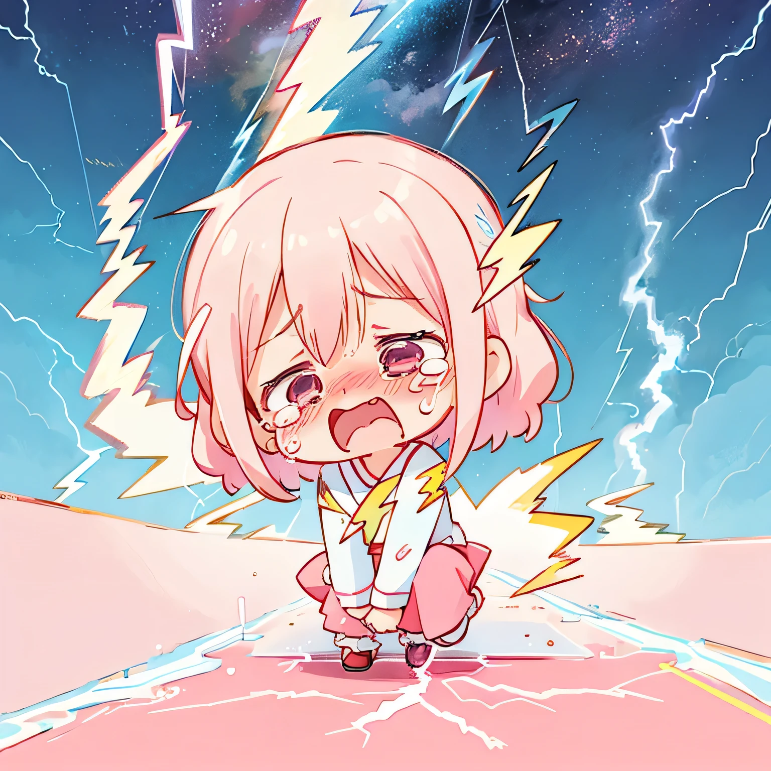 Momoko Sakura colorful style, Kawaii Design, (((Crying face))), Big tears, (((Lightning strikes at my feet))), (((No background)))