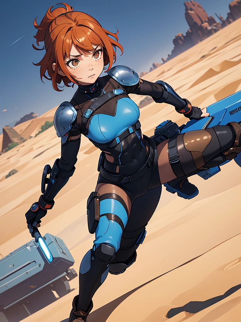 (masterpiece), (best quality), ((one girl)),alone, copper hair,((brown eyes)),short curly hair, anime style, freckles, (small breast) (petite figure), blue and black cyberpunk outfit, leggings, knee pads, battle outfit, legs((desert background))