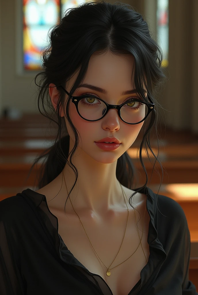 sexy balkan student, pale white skin, honey eyes, low messiy pony tail, glasses, prying in church
