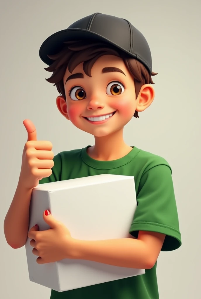 Make a boy holding a styrofoam box, under the arm, with a green shirt and giving a thumbs up, wearing a black cap