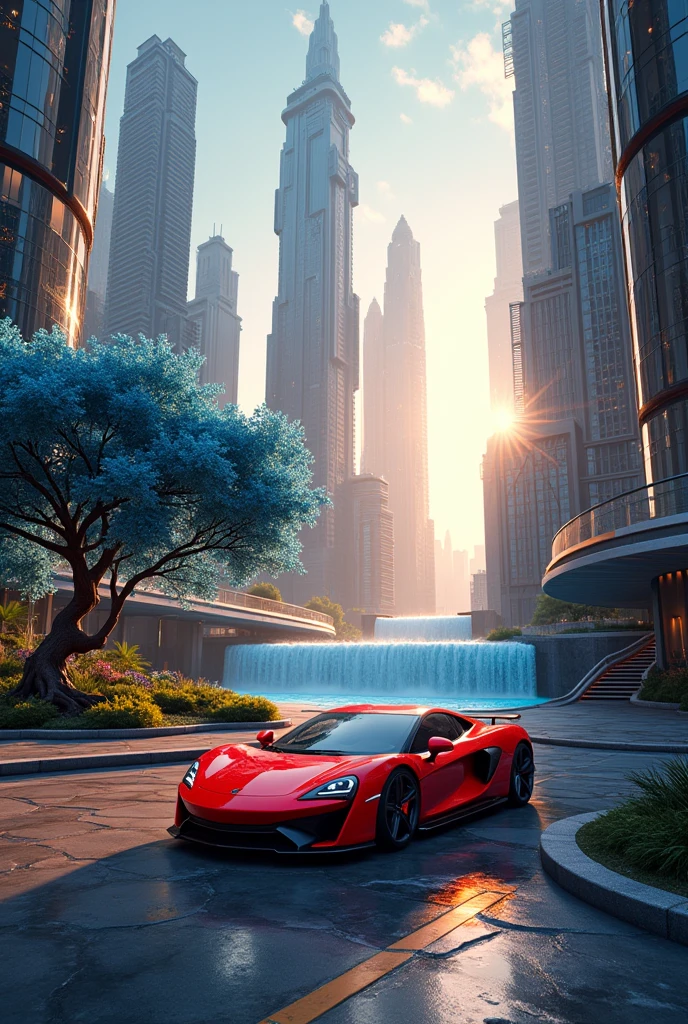 A red car in sky scrapers, blue tree and waterfall, sunset