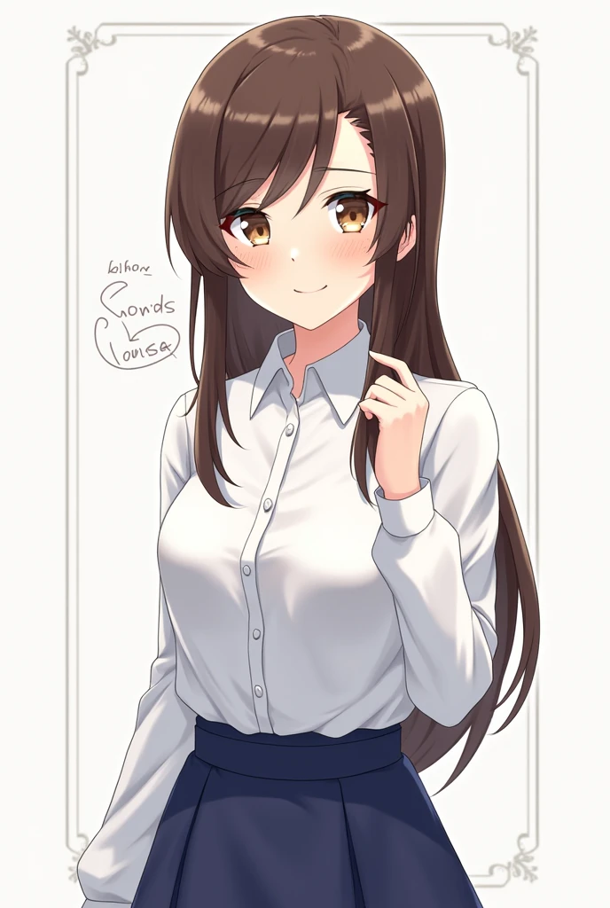 anime girl with brown hair and a white shirt and blue skirt, (hair swept bangs:1.3), (long brown hair:1.3), anime style, from girls frontline, fine details. girls frontline, girls frontline universe, girls frontline style, girls frontline, girls frontline cg, 2 0 2 2 anime style, 2022 anime style, pixiv contest winner, concept art 2022, pretty anime character design, render of april