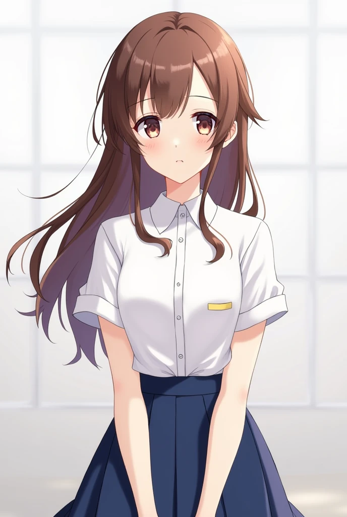 anime girl with brown hair and a white shirt and blue skirt, (hair swept bangs:1.3), (long brown hair:1.3), anime style, from girls frontline, fine details. girls frontline, girls frontline universe, girls frontline style, girls frontline, girls frontline cg, 2 0 2 2 anime style, 2022 anime style, pixiv contest winner, concept art 2022, pretty anime character design, render of april