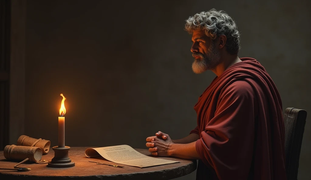 Marcus Aurelius standing in front of a table with a lit candle, perhaps with some scrolls or Roman writings in front of it. His posture is reflective, as if he were meditating on his intentions for the day. A hover text could display words like "justice", "wisdom", "Moderation".