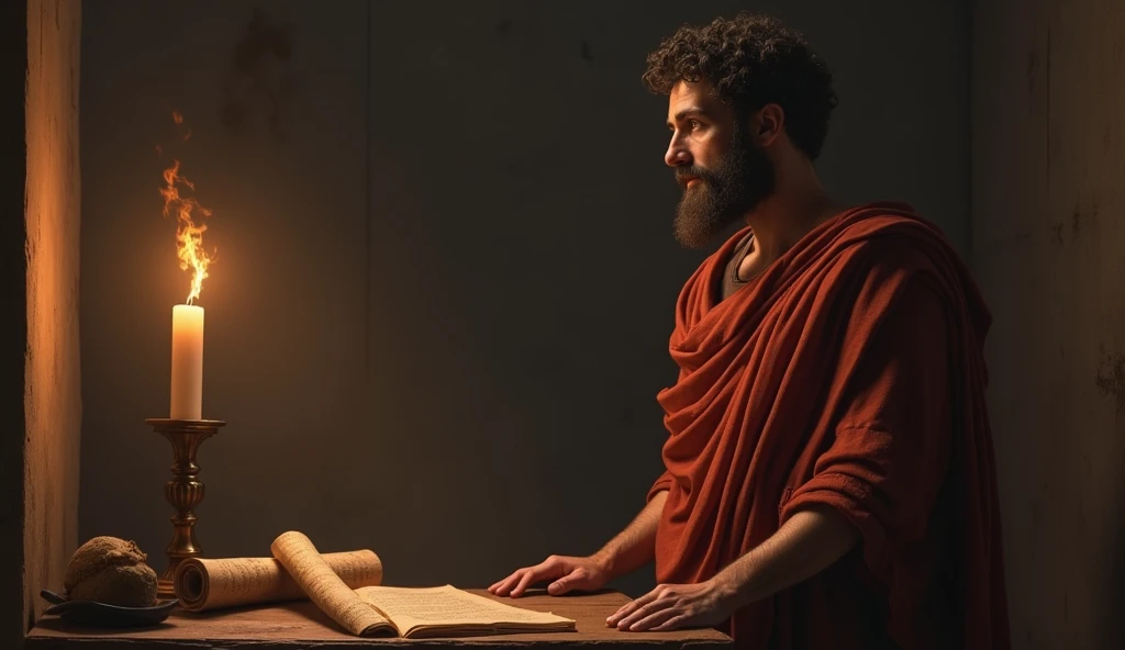 Marcus Aurelius standing in front of a table with a lit candle, perhaps with some scrolls or Roman writings in front of it. His posture is reflective, as if he were meditating on his intentions for the day. A hover text could display words like "justice", "wisdom", "Moderation".