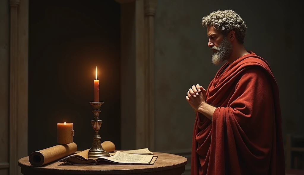 Marcus Aurelius standing in front of a table with a lit candle, perhaps with some scrolls or Roman writings in front of it. His posture is reflective, as if he were meditating on his intentions for the day. A hover text could display words like "justice", "wisdom", "Moderation".