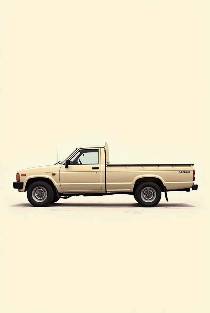 drawing of a 1984 cream-colored Nissan Datsun pick up truck from the side
