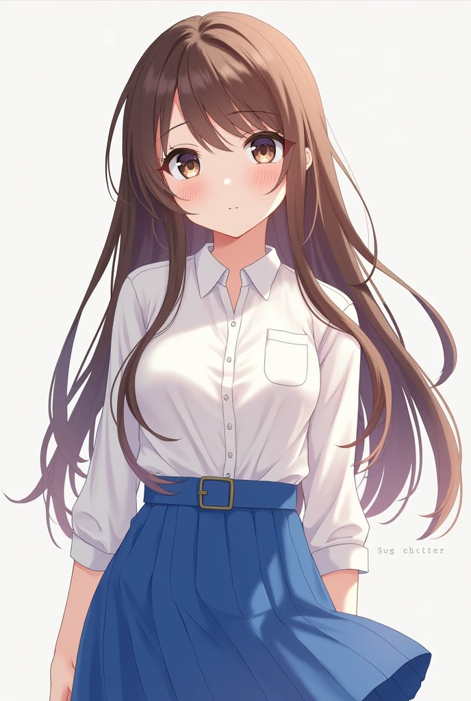 anime girl with brown hair and a white shirt and blue skirt, (hair swept bangs:1.3), (long brown hair:1.3), anime style, from girls frontline, fine details. girls frontline, girls frontline universe, girls frontline style, girls frontline, girls frontline cg, 2 0 2 2 anime style, 2022 anime style, pixiv contest winner, concept art 2022, 