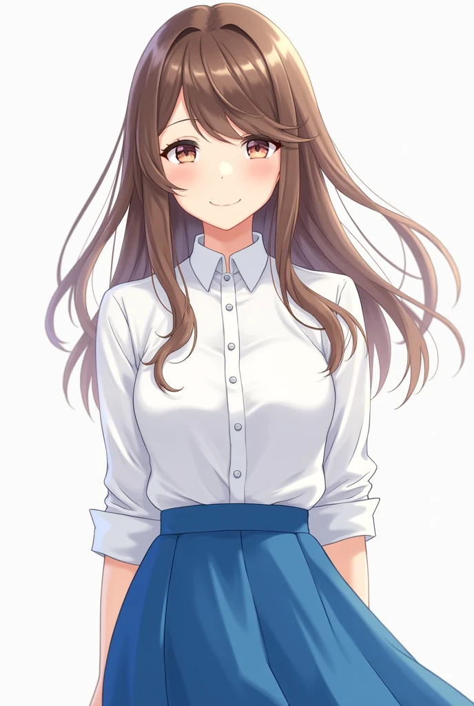 anime girl with brown hair and a white shirt and blue skirt, (hair swept bangs:1.3), (long brown hair:1.3), anime style, from girls frontline, fine details. girls frontline, girls frontline universe, girls frontline style, girls frontline, girls frontline cg, 2 0 2 2 anime style, 2022 anime style, pixiv contest winner, concept art 2022,