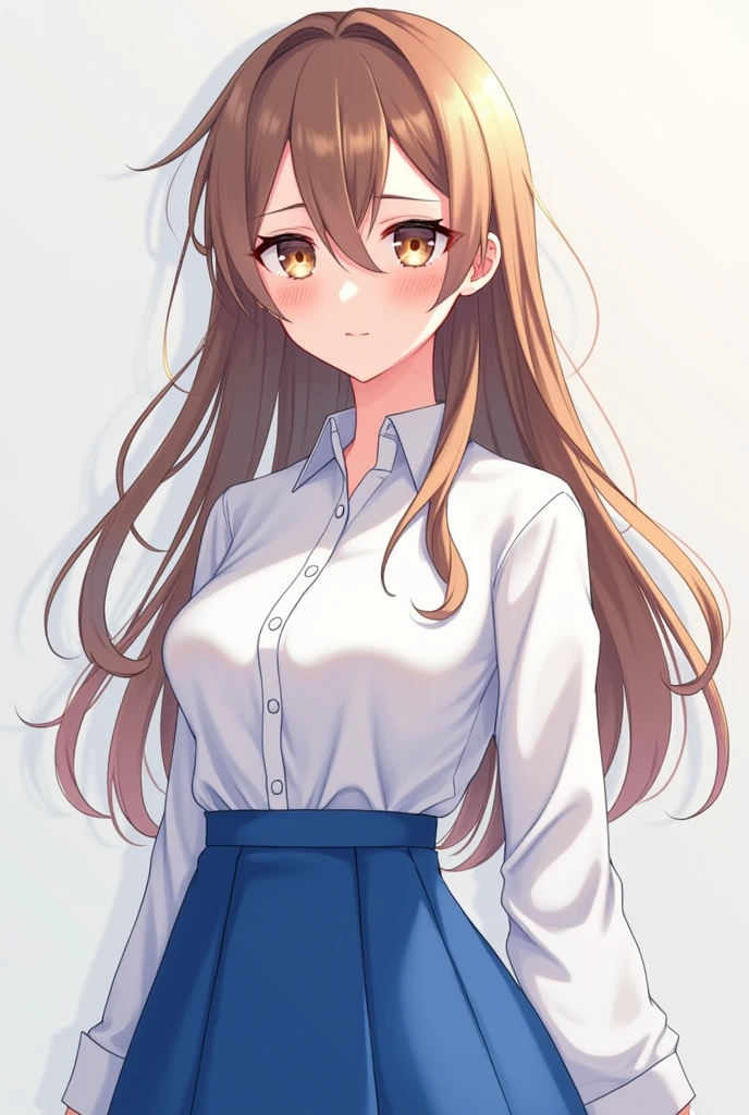 anime girl with brown hair and a white shirt and blue skirt, (hair swept bangs:1.3), (long brown hair:1.3), anime style, from girls frontline, fine details. girls frontline, girls frontline universe, girls frontline style, girls frontline, girls frontline cg, 2 0 2 2 anime style, 2022 anime style, pixiv contest winner, concept art 2022,