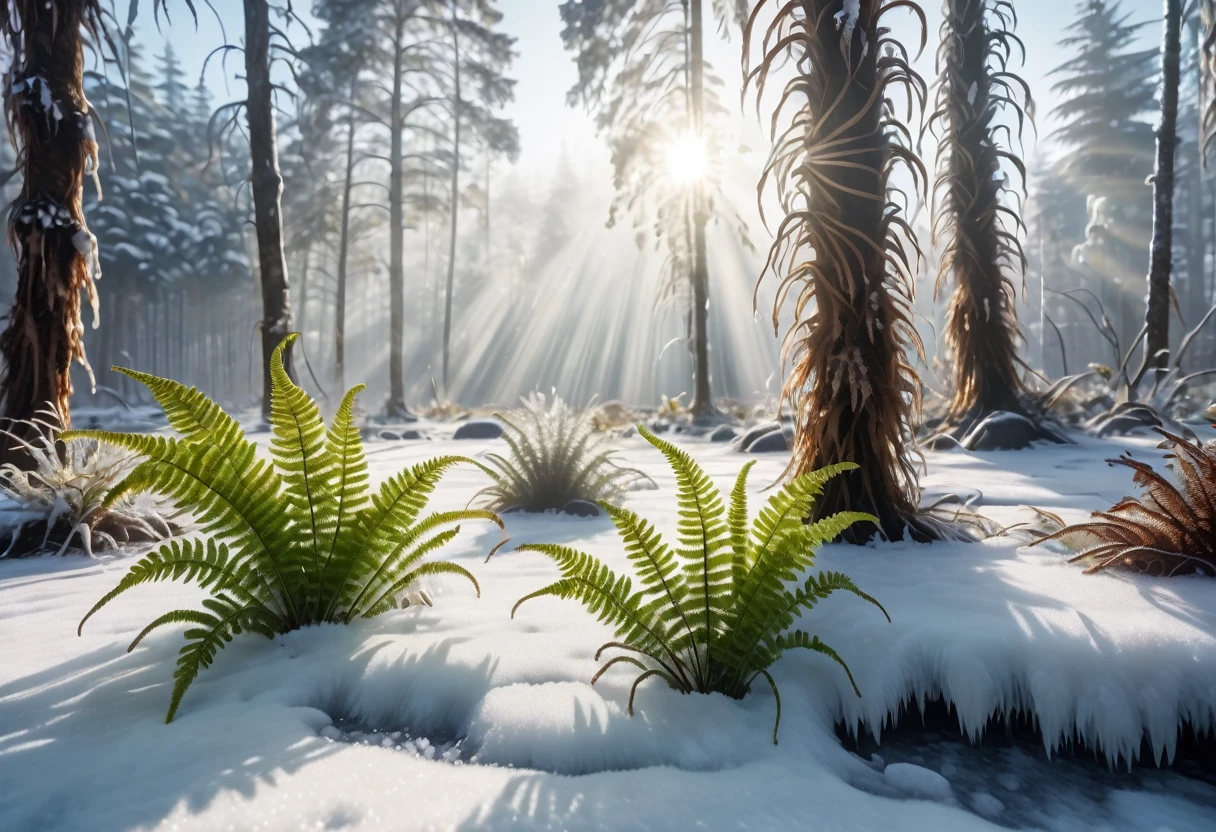 A prehistoric fern forest encased in a thin sheet of ice, snow on the ground knee deep, clear sky bright sun, sparkles and refractions in the ice
