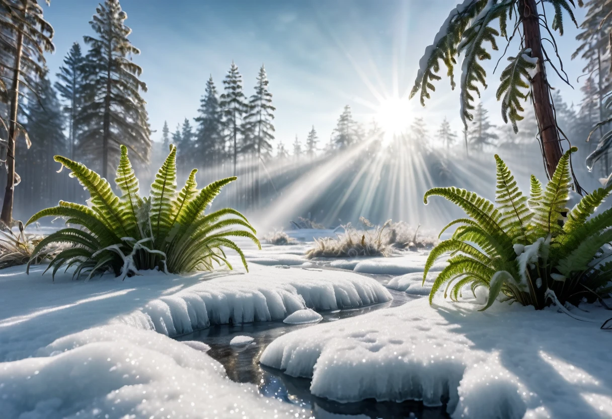 a prehistoric fern forest encased in a thin sheet of ice, snow on the ground knee deep, clear sky bright sun, sparkles and refractions in the ice, highly detailed, 8k, photorealistic, cinematic lighting, volumetric fog, cinematic composition, dramatic lighting, hyper-realistic, masterpiece, intricate details, exquisite details, incredibly sharp focus