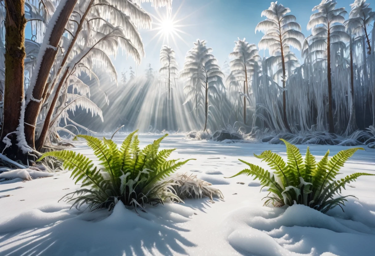 a prehistoric fern forest encased in a thin sheet of ice, snow on the ground knee deep, clear sky bright sun, sparkles and refractions in the ice, highly detailed, 8k, photorealistic, cinematic lighting, volumetric fog, cinematic composition, dramatic lighting, hyper-realistic, masterpiece, intricate details, exquisite details, incredibly sharp focus