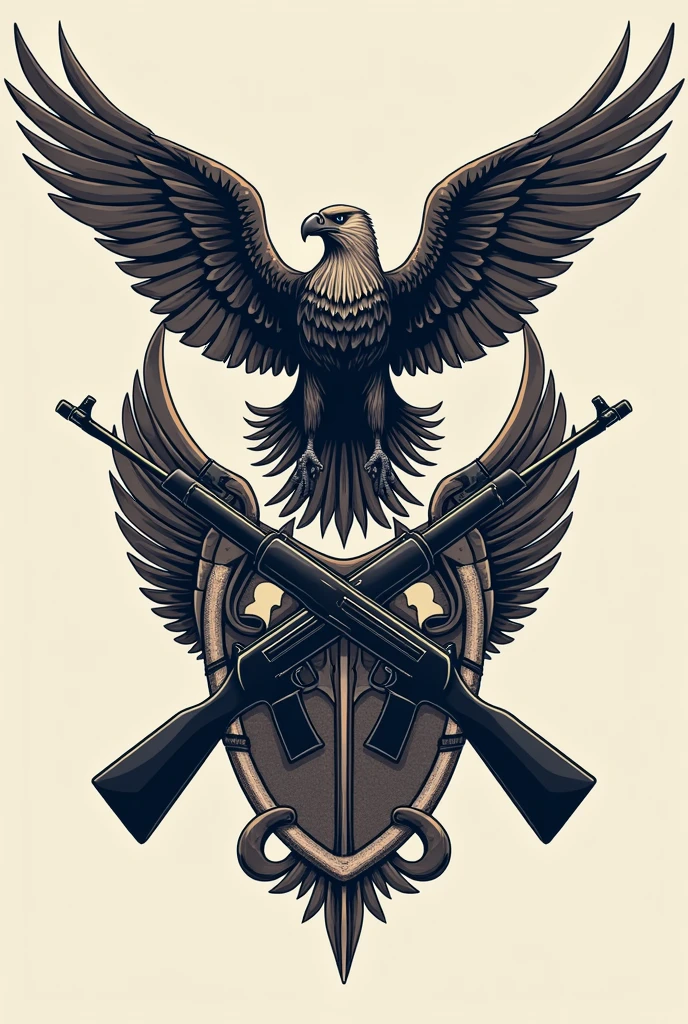 Make me a national emblem for a fictional country with a Eagle and rifles It's for a fictional country Make it illustrated Pure the shield Drawn Drawing