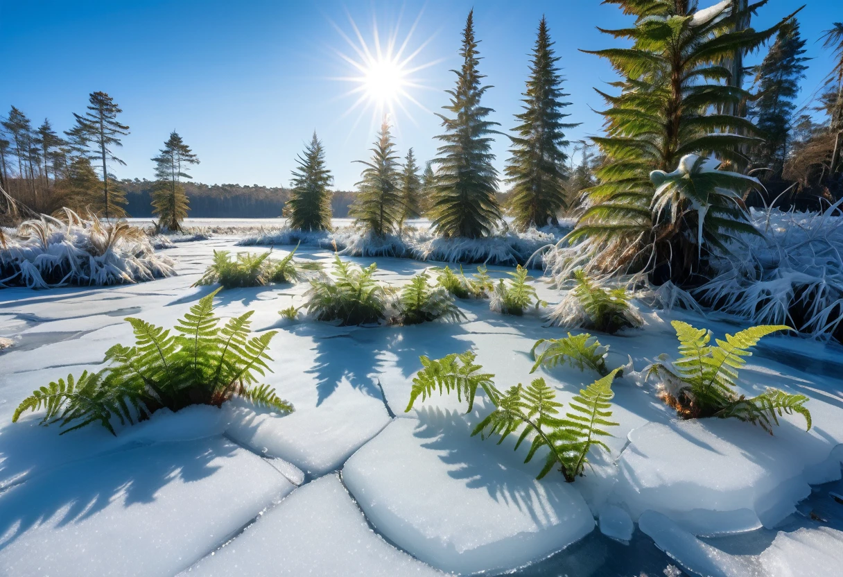 A prehistoric fern forest encased in a thin sheet of ice, snow on the ground knee deep, clear sky bright sun, sparkles and refractions in the ice