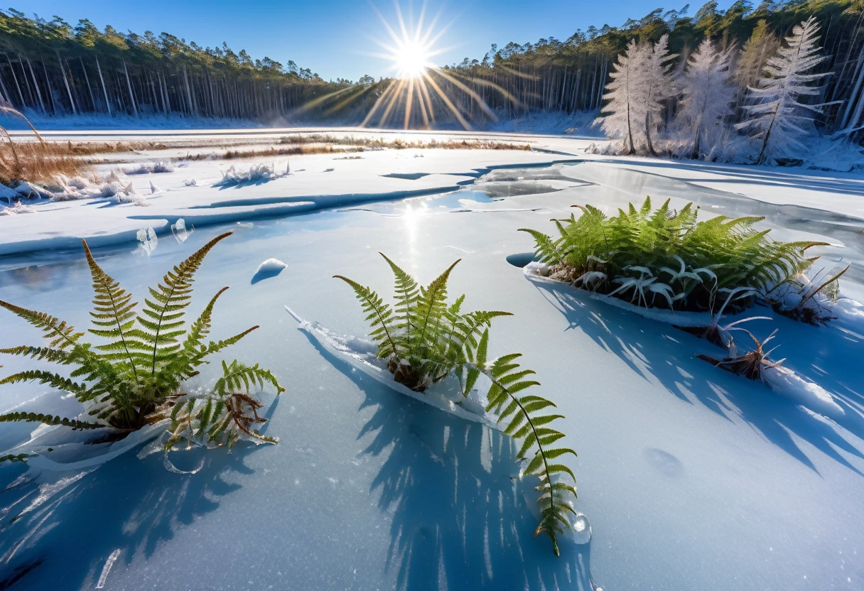 A prehistoric fern forest encased in a thin sheet of ice, snow on the ground knee deep, clear sky bright sun, sparkles and refractions in the ice
