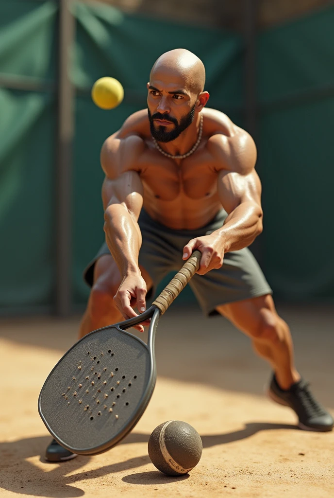 A Latin man, beardless and bald, realistic hitting a padel ball with his paddle, in finishing attitude, with one hand, a medium sized shovel. Don't put hair on your face