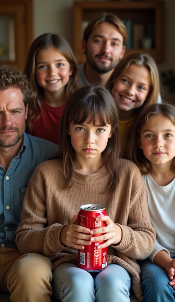 A family photo showing a person holding a Coca-Cola can, looking unhappy, with healthy family members."