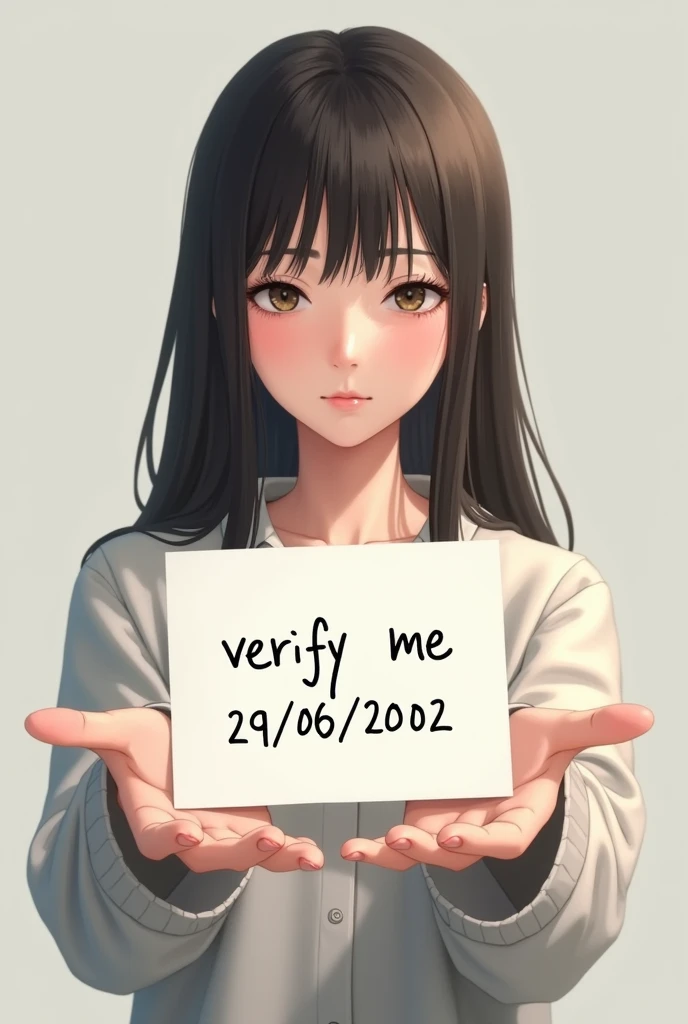A girl holding a white paper with writing "verify me 29/02/2002"