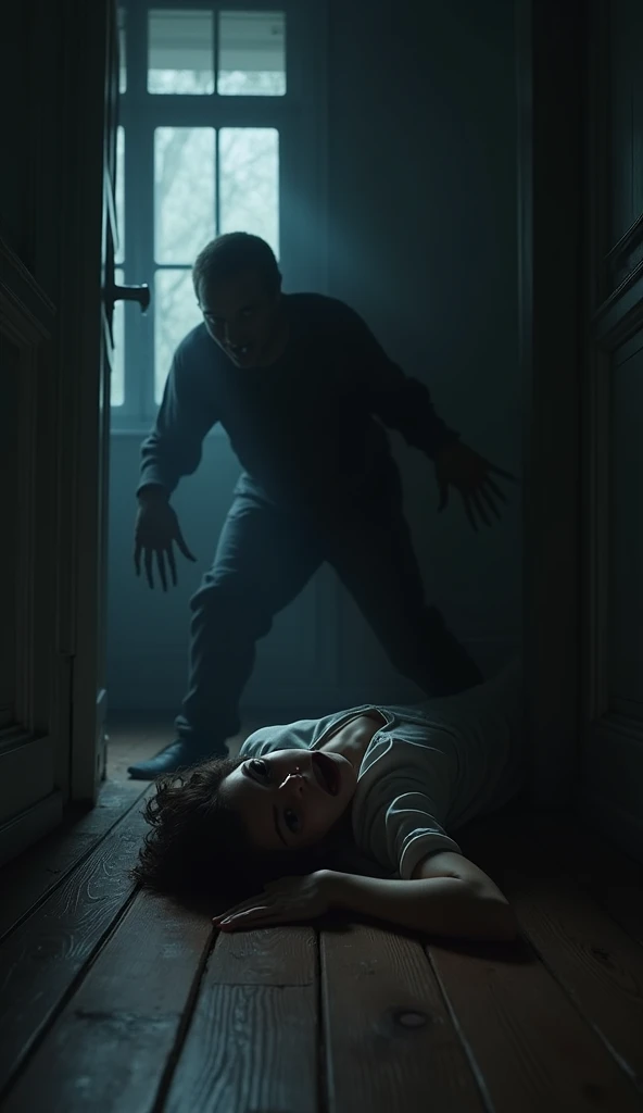 In a dark room with a standard wooden floor, a brunette woman with straight hair, with 1,65m tall, It's lying on the ground, wearing basic pajamas. She desperately fights against a man-shaped shadow that is leaning over her., the shadow&#39;s misty hands tightening around his neck, trying to strangle her. The expression of horror on the woman&#39;s face is clear, his eyes wide and full of panic, as your hands struggle to ward off the oppressive shadow. The room is dimly lit, with only a faint beam of light coming through the window, casting distorted shadows and increasing the feeling of confinement. THE GROUND creaks under the weight of the struggle, and the silence of the night is broken only by the strangled sounds of heavy breathing and moans of despair. The walls seem to slowly close in, as if the room itself was alive, watching this deadly confrontation. The atmosphere is dense, loaded with tension, as the faceless shadow intensifies its attack, and the woman fights desperately for her life.