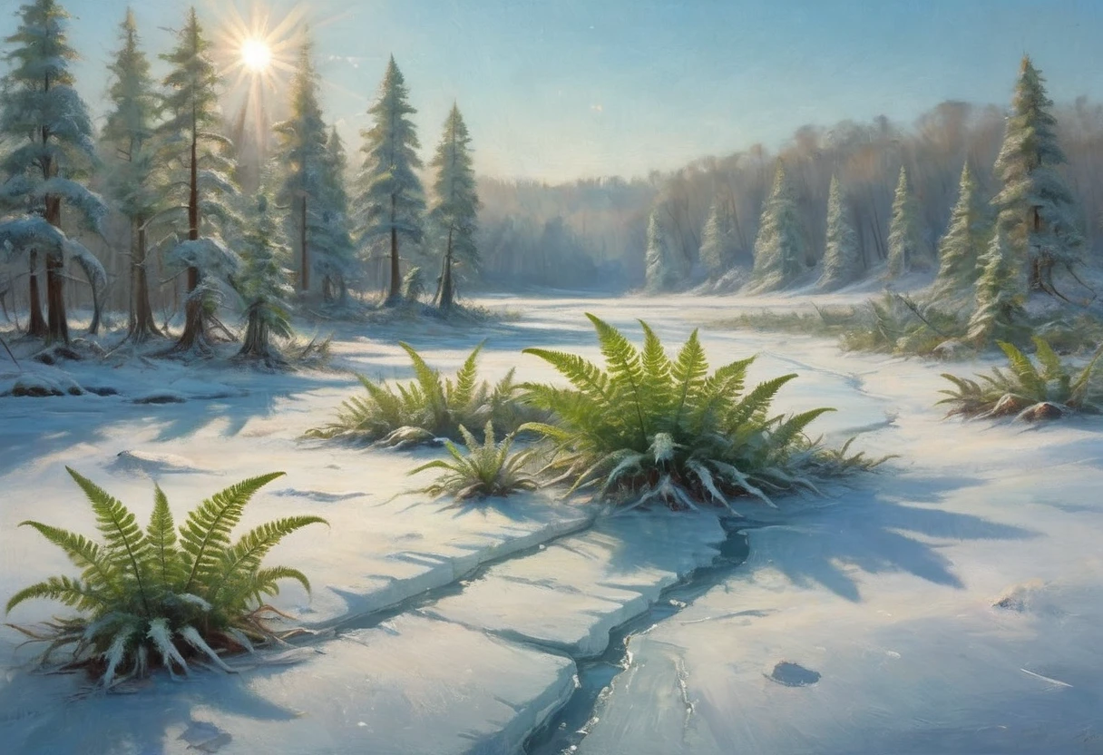 A prehistoric fern forest encased in a thin sheet of ice, snow on the ground knee deep, clear sky bright sun, sparkles and refractions in the ice
