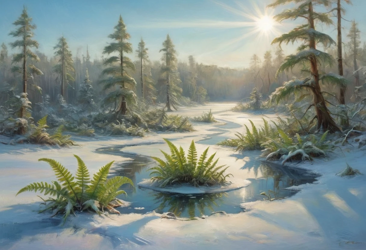 A prehistoric fern forest encased in a thin sheet of ice, snow on the ground knee deep, clear sky bright sun, sparkles and refractions in the ice