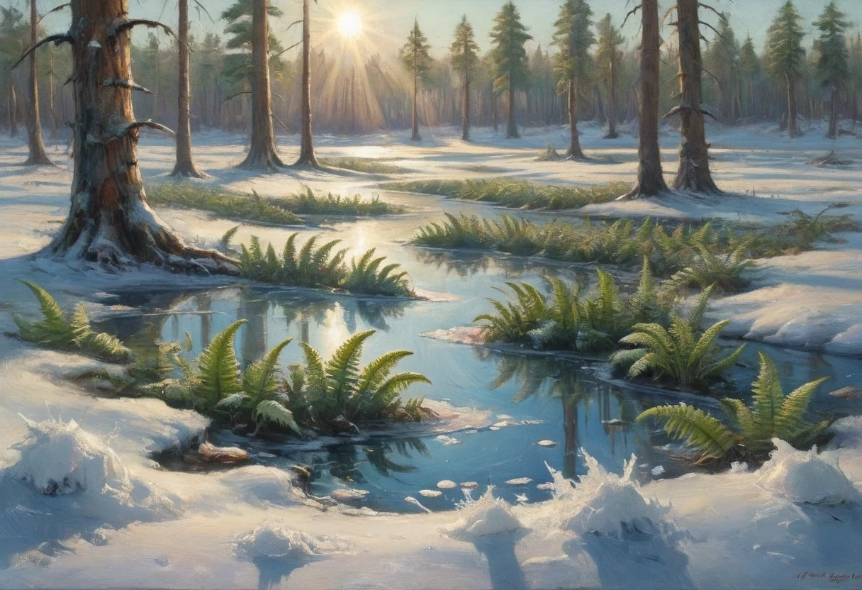 A prehistoric fern forest encased in a thin sheet of ice, snow on the ground knee deep, clear sky bright sun, sparkles and refractions in the ice
