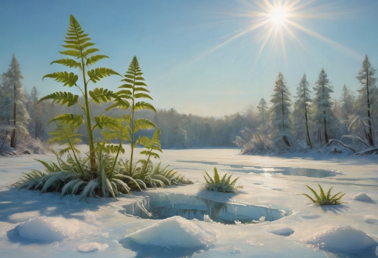 A prehistoric fern forest encased in a thin sheet of ice, snow on the ground knee deep, clear sky bright sun, sparkles and refractions in the ice