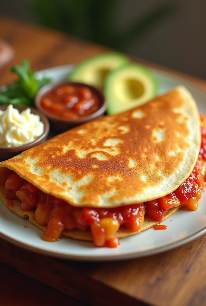 Mexican style quesadilla with red tortilla , that the shape is not like a taco but rather in the shape of a flattened quesadilla and that the quesadilla is closed ,the image is a little animated and put cream and avocado on top and some beans on the same plate