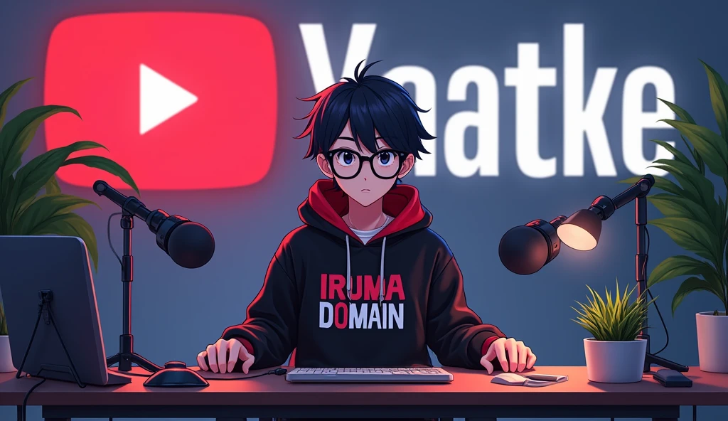 Create a image of "A 18 years anime boy Eye glasses , sitting in front of a computer desk with a microphone and laptop, wearing black and red hoodie with the Channel Name on it " Iruma domain", The background includes a large YouTube logo on the wall, potted plants on either side, and various recording equipment.