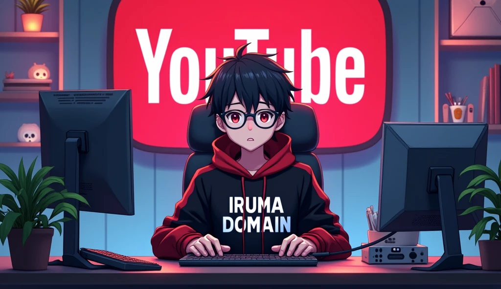 Create a image of "A 18 years anime boy Eye glasses , sitting in front of a computer desk with a microphone and laptop, wearing black and red hoodie with the Channel Name on it " Iruma domain", The background includes a large YouTube logo on the wall, potted plants on either side, and various recording equipment.
