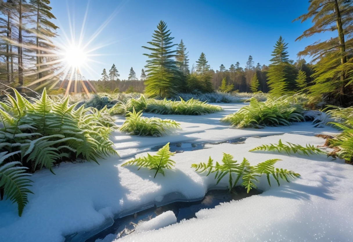 A prehistoric fern forest encased in a thin sheet of ice, snow on the ground knee deep, clear sky bright sun, sparkles and refractions in the ice