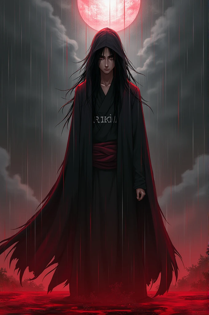 Image of Itachi uchiha standing in rain of blood wearing hoody with word Ritik written on it