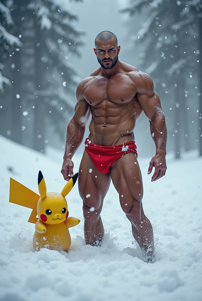 Sexy thin muscular pokemon trainer with big crotch bulge in the cold snow storm, muscular pokemon trainer in the cold snow. Men in red bikini. Sexy pokemon trainer male. Pokemon trainer with a shiny pikachu and pokemon trainer customer. Hairless handsome man fighting in the snow.