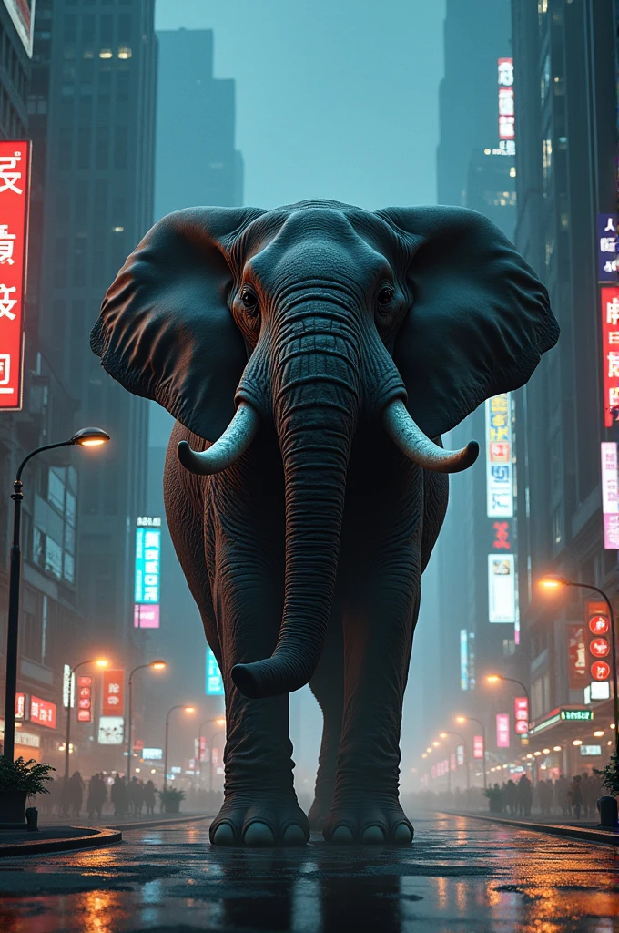 Elephant in a city night with angry