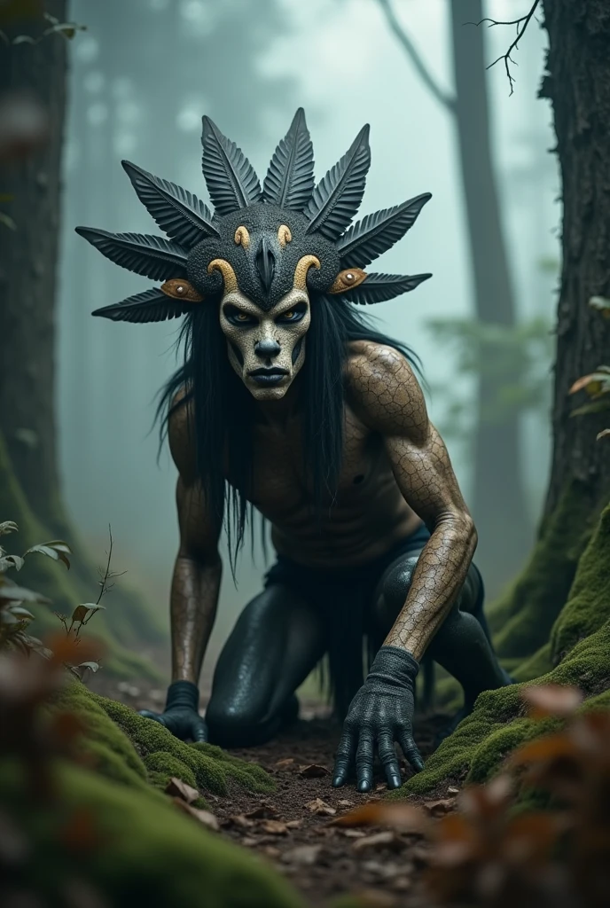 Generate a highly detailed and atmospheric of a mystical forest creature crouching in a Misty woodland setting. The creature has an otherworldly appearance with intricate body paint resembling creaked earth and wear elaborate feathered adornment including a headdress made of dark and light feathers. The creatures face is partially masked, with sharp, angular features and intence, almost hunting eyes. The environment around is dense with fog, with tall trees and a moody. Ethereal ambiance emphasizing the creatures connection to the mystical forest.