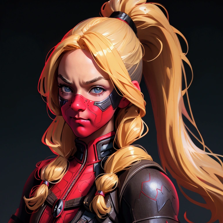 envision a 8k, highres, cinematic, close up portrait of an American girl with long blonde hair in a ponytail in a deadpool suit with katanas against a dark gray background