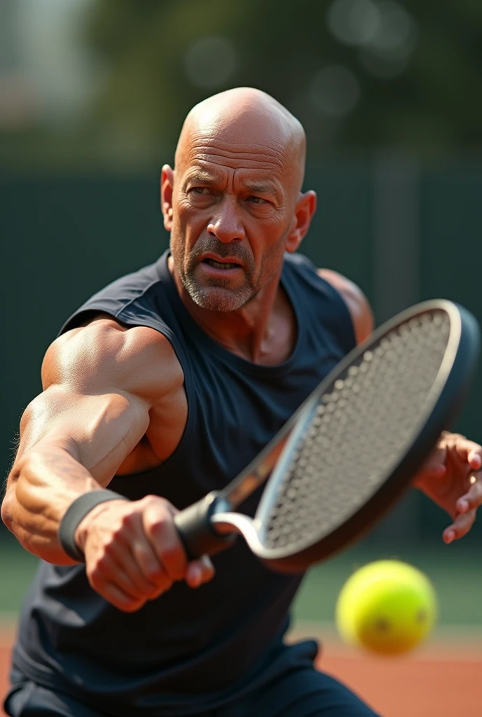 Bruce Willis, realistic hitting a padel ball with his paddle, in finishing attitude, with one hand, a medium sized shovel.