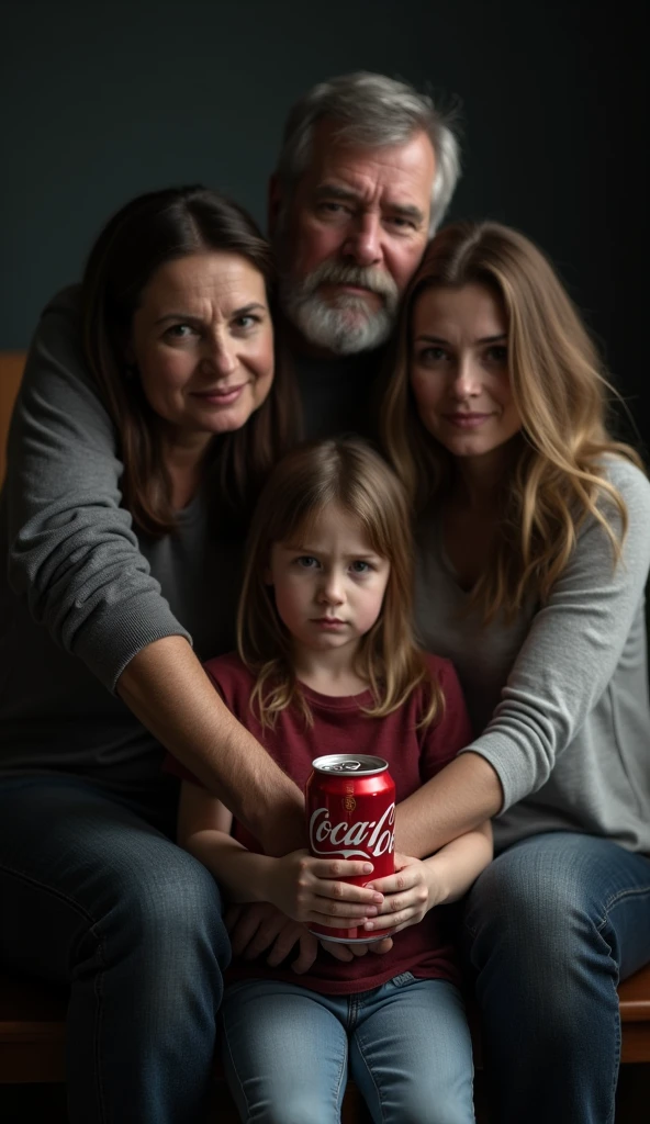 A family photo showing a person holding a Coca-Cola can, looking unhappy, with healthy family members, dark