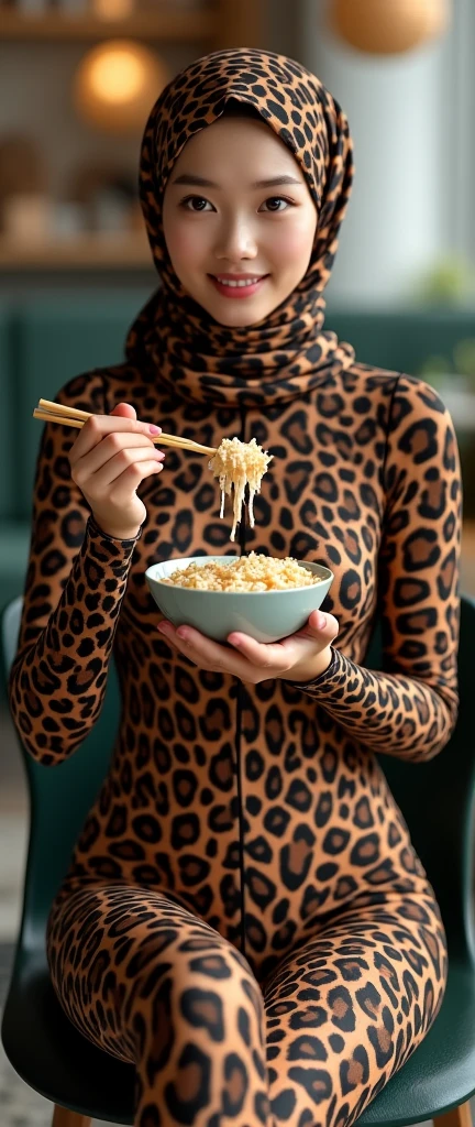 The most beautiful,thin,most pretty and clever Asian muslimah adult girl wears leopard lycra turtleneck unitard catsuit covered with spots.She always wear leopard print lycra dancewear stretchy square hijab covered with many spots.She is sitting on the plastic chair and eats seafood porridge at the hotel.




