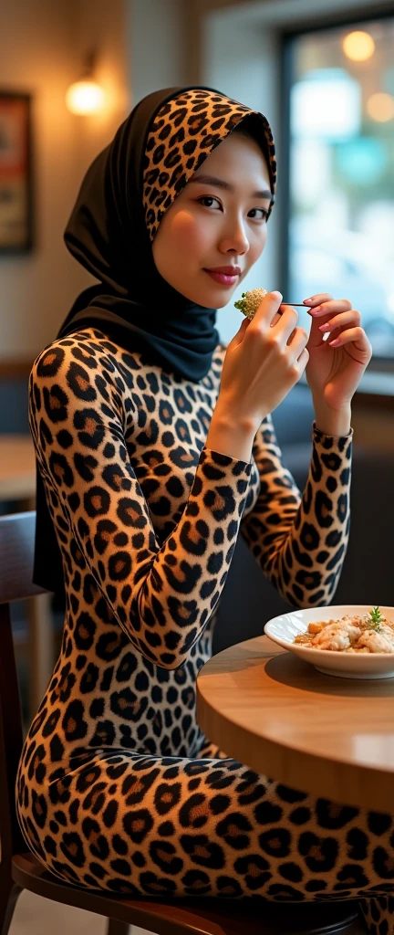 The most beautiful,thin,most pretty and clever Asian muslimah adult girl wears leopard lycra turtleneck unitard catsuit covered with spots.She always wear leopard print lycra dancewear stretchy square hijab covered with many spots.She is sitting on the plastic chair and eats seafood porridge at the hotel.