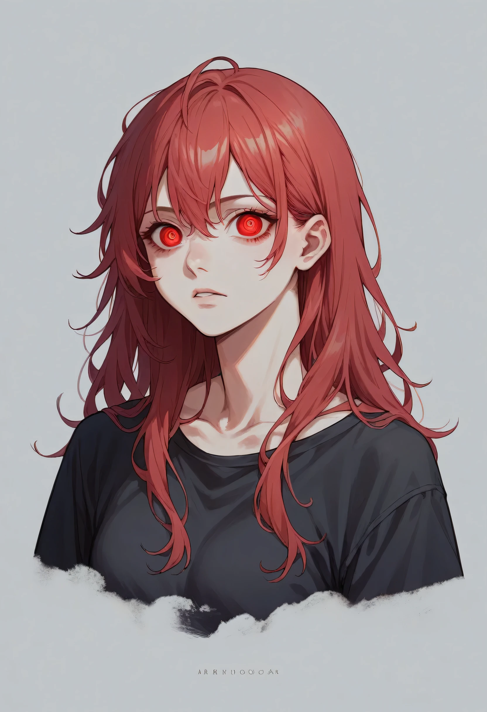 Anime girl with red hair and red eyes with an x in the center, detailed eyes, with an empty look with a black shirt long hair details and , photos 2x2